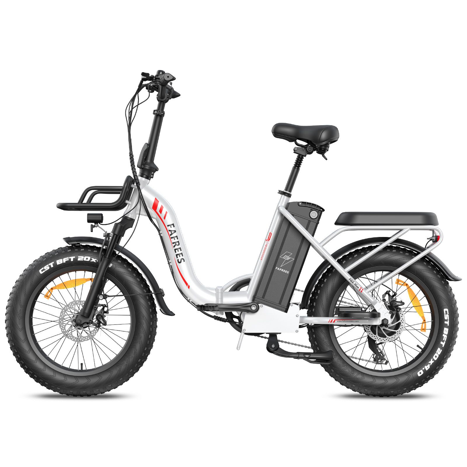 E-bike pieghevole bianca, sella e pneumatici neri. Logo FAFREES visibile. Portapacchi.
