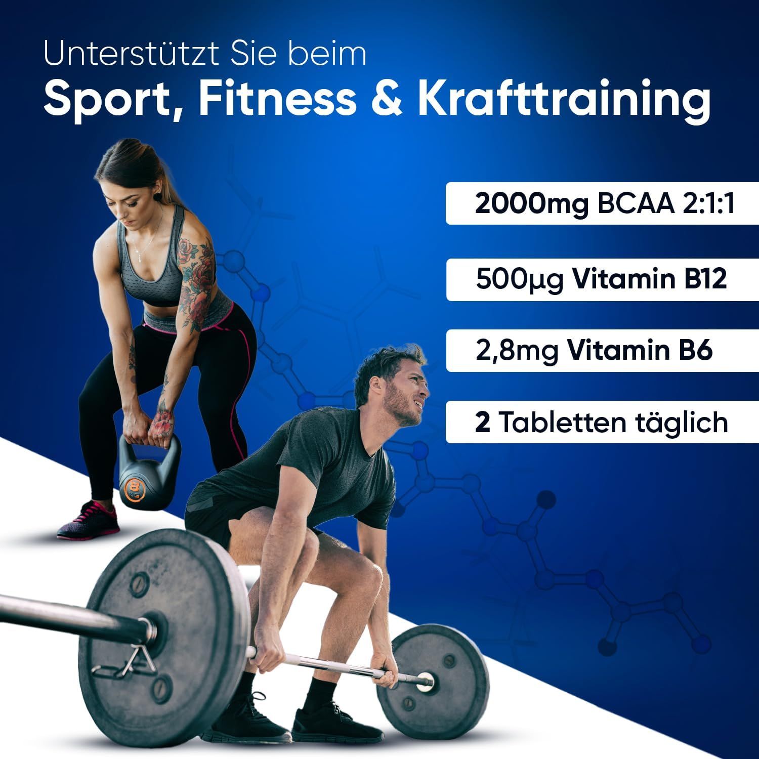 Donna e uomo che si allenano. Testo: 2000mg BCAA 2:1:1, 500µg Vitamina B12, 2,8mg Vitamina B6, 2 compresse al giorno.