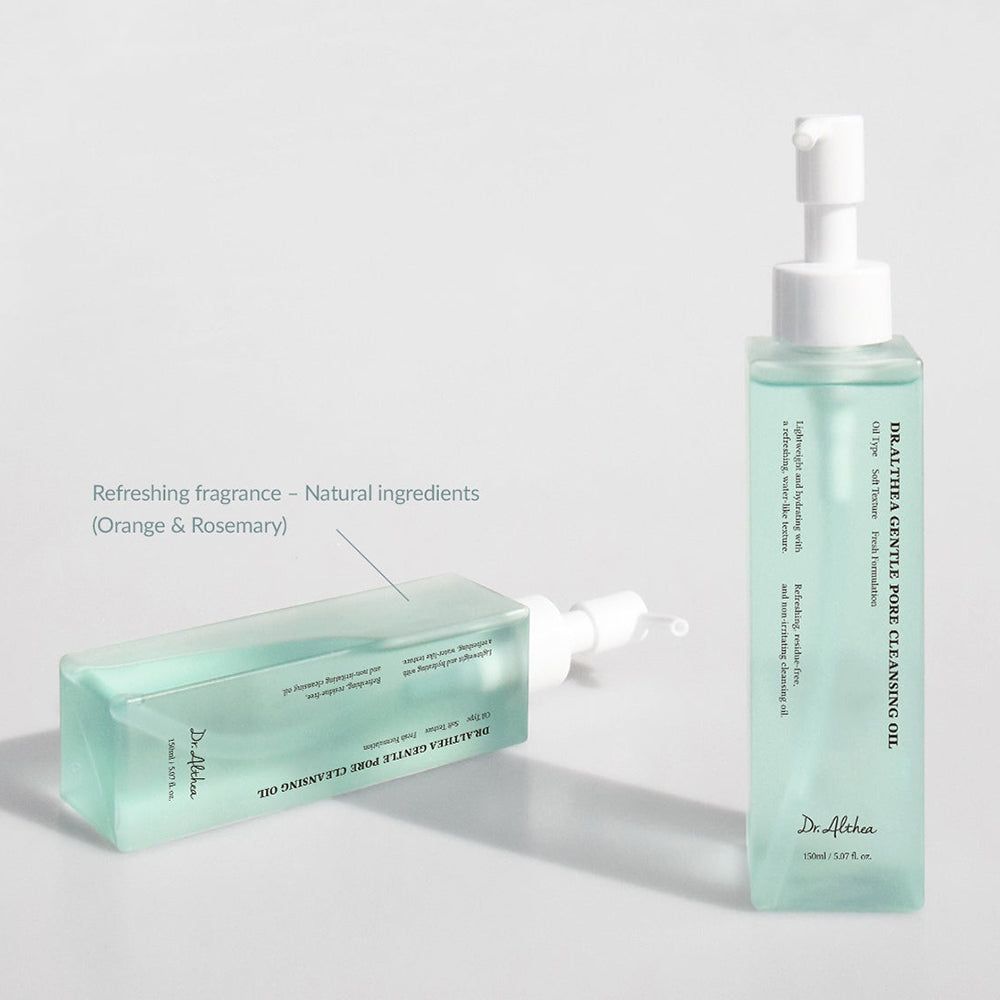 Due flaconi di olio detergente vegano Dr. Althea Gentle Pore, uno in piedi, uno sdraiato.