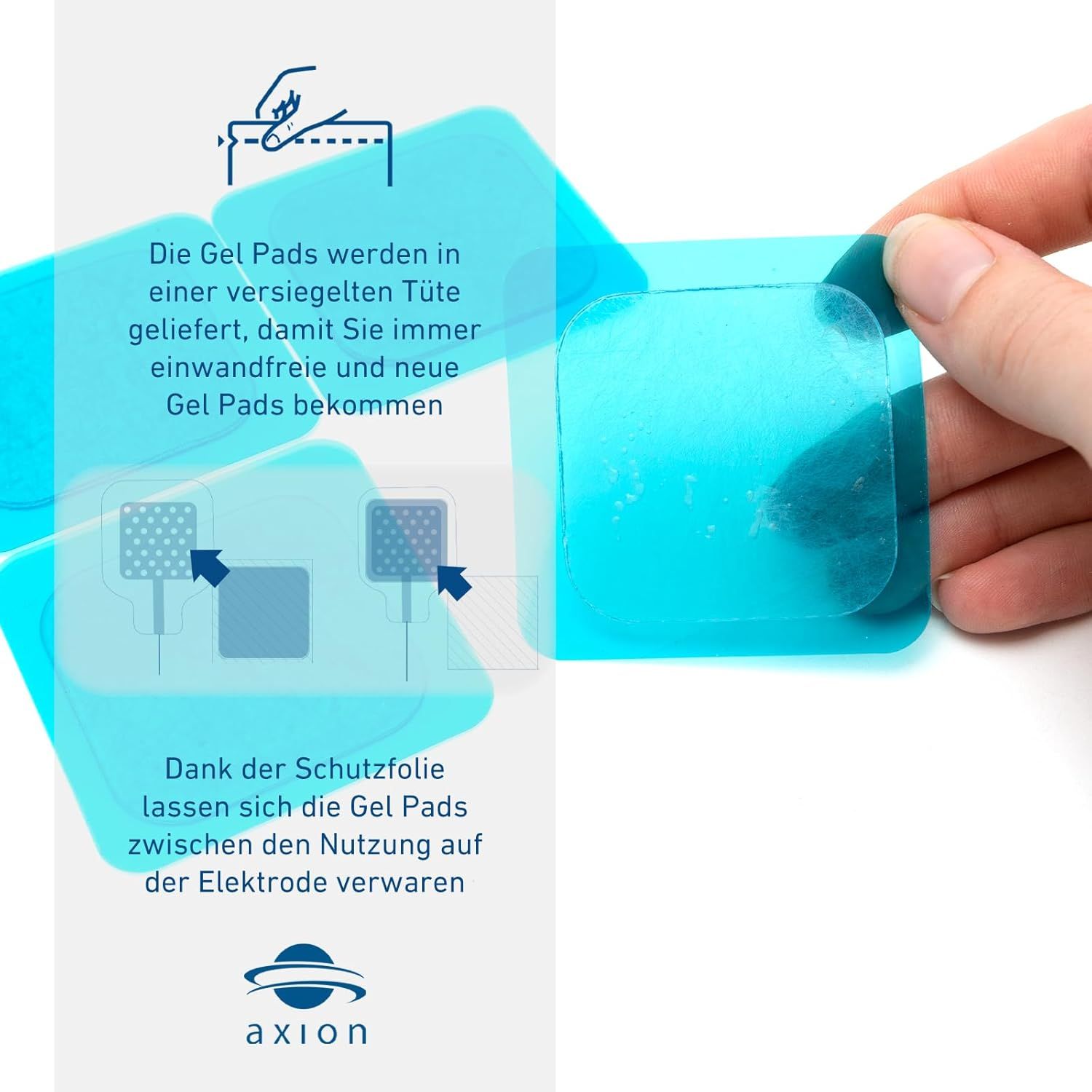Gel pad in busta sigillata. Pellicola protettiva blu. Logo axion. Per elettrodi. Conservazione tra usi. Testo.