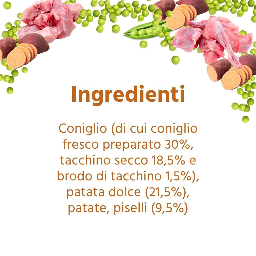 Ingredienti: Coniglio, tacchino, patate dolci, patate, piselli. Testo: 50% coniglio e tacchino, 21,5% patate.