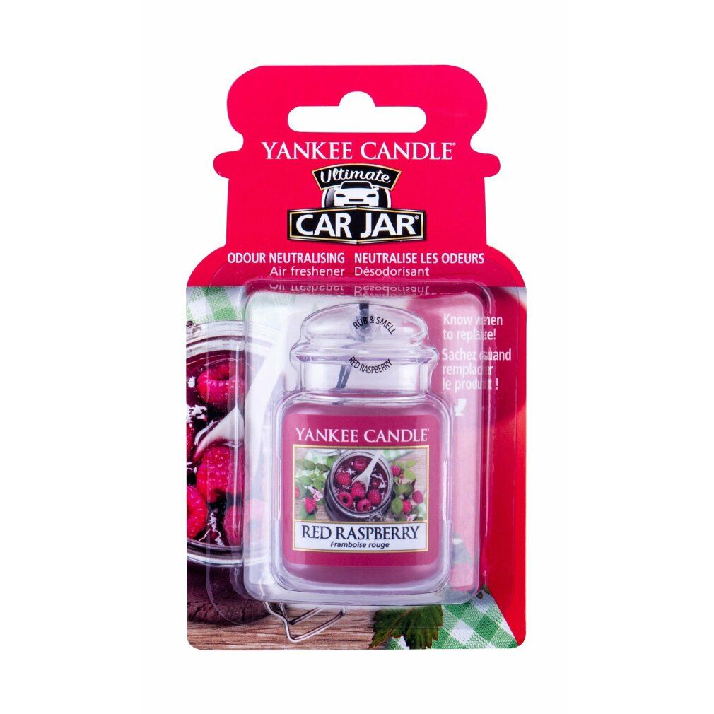 Ultimate Car Jar, profumo per auto. Vasetto rosso con coperchio, etichetta con lamponi. Confezione con foro per appendere. Testo: Yankee Candle, Red Raspberry.