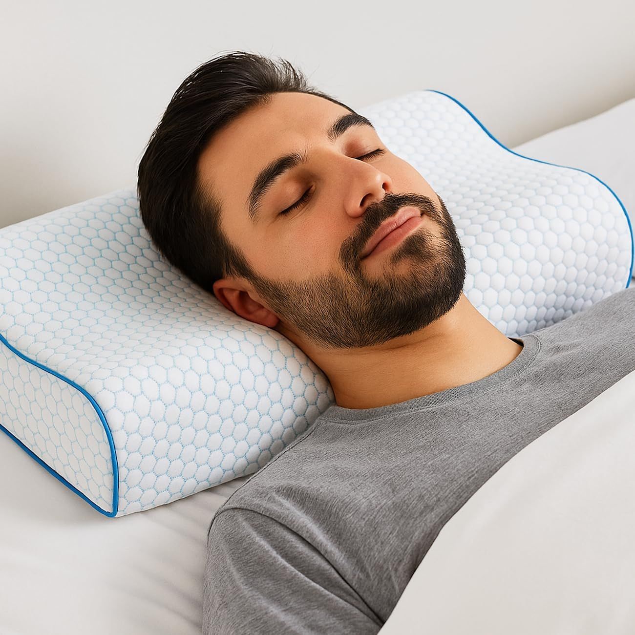 Uomo sdraiato su un cuscino bianco. Il cuscino ha un bordo blu. L'uomo dorme.