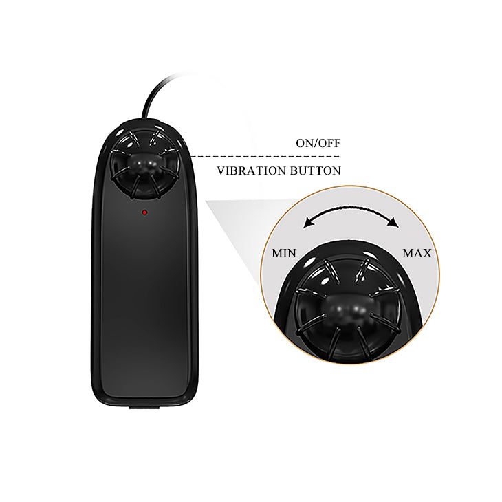 Controllo nero con scritte: ON/OFF, Vibration Button, MIN, MAX.