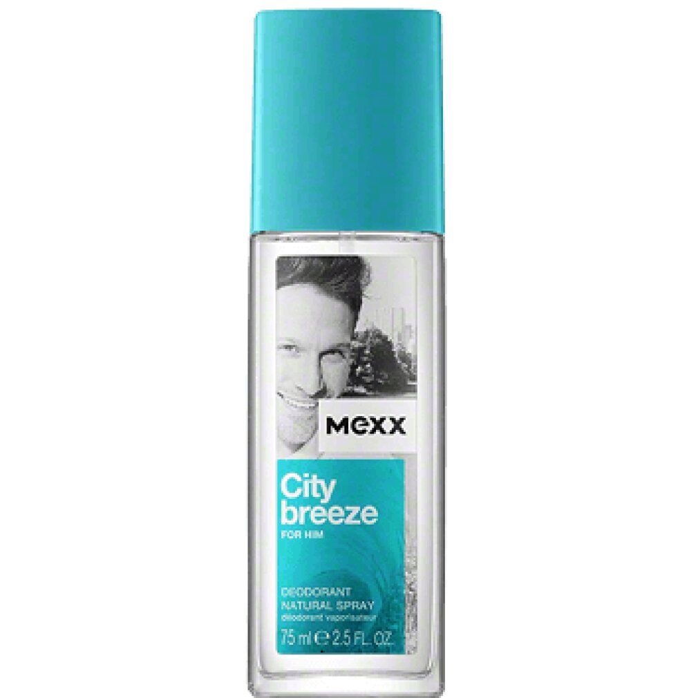 Spray deodorante con tappo blu. Etichetta con uomo, logo e nome del prodotto: City Breeze For Him. 75 ml.