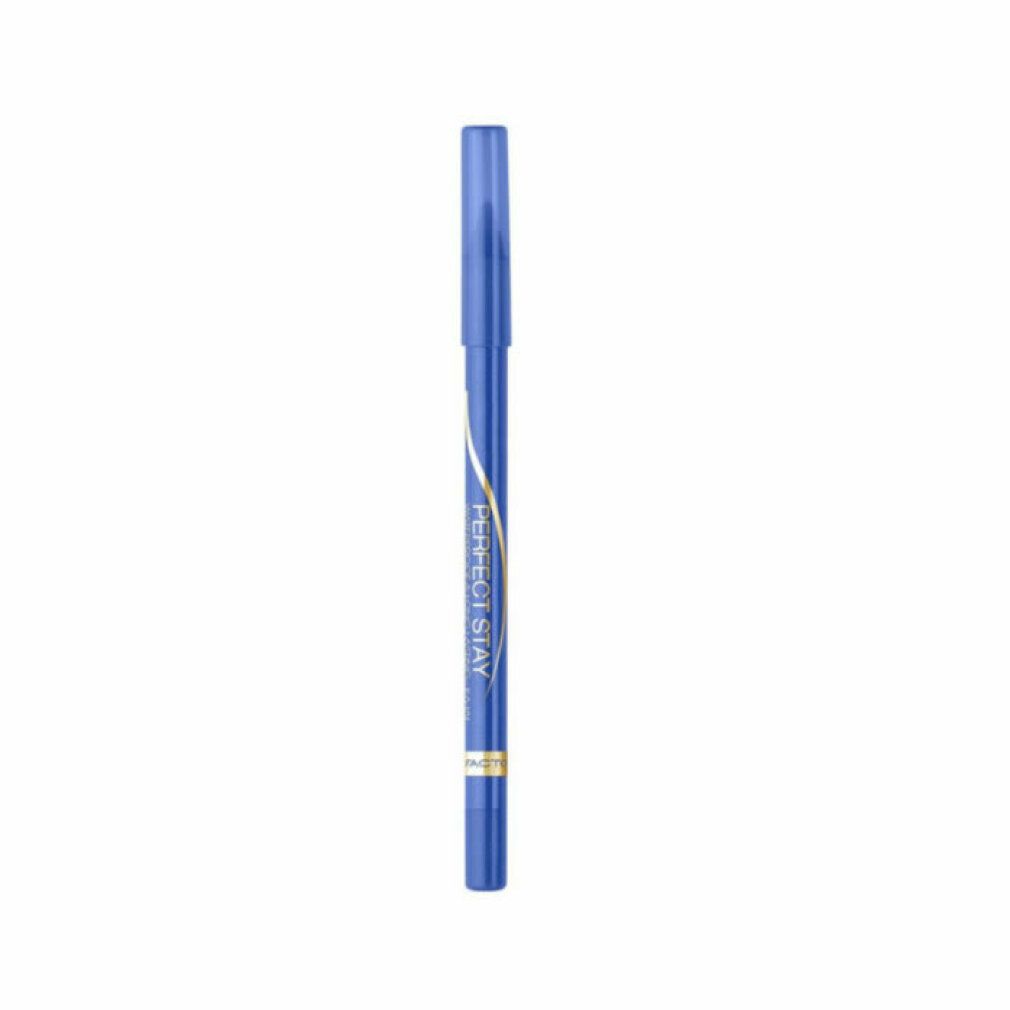 Matita kajal blu con cappuccio. Scritta: PERFECT STAY. Striscia dorata. Marca: Max Factor.