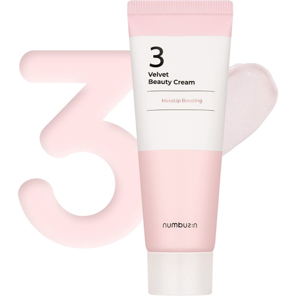 Tubo di crema rosa e bianco. Scritta: 3 Velvet Beauty Cream. Marchio: numbuz:n. Forma 3 rosa.