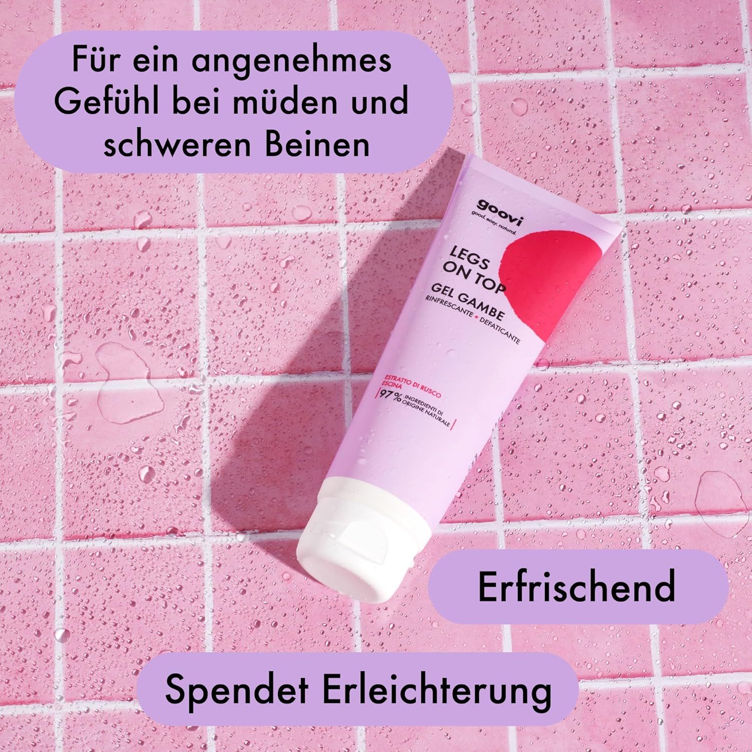 Tubo rosa GOOVI Legs On Top Gel su piastrelle rosa. Testo: Rinfrescante, Dona sollievo. Nome prodotto.