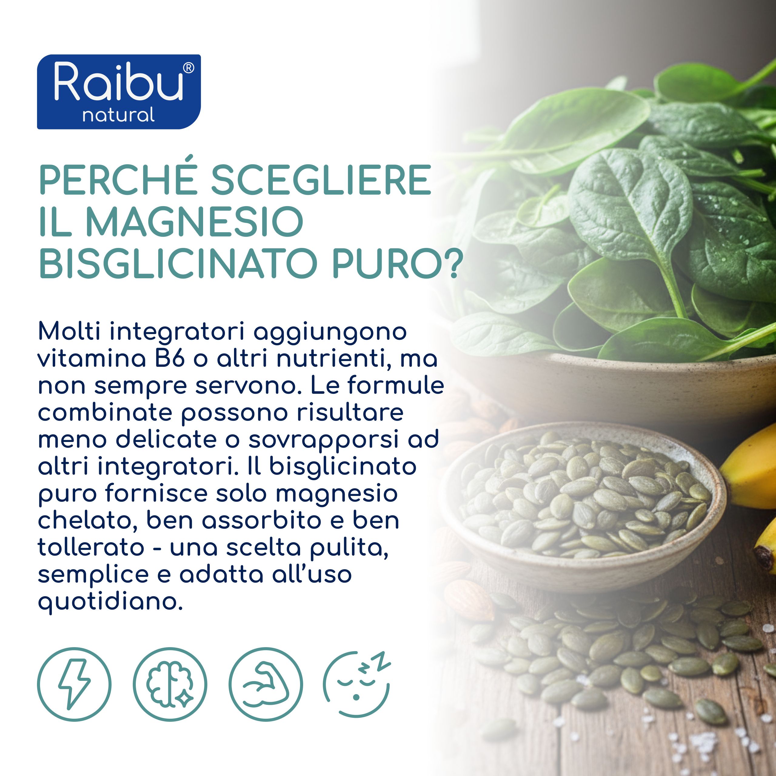 Ciotola con semi di zucca, banane e spinaci. Testo: Perché scegliere il bisglicinato di magnesio puro?