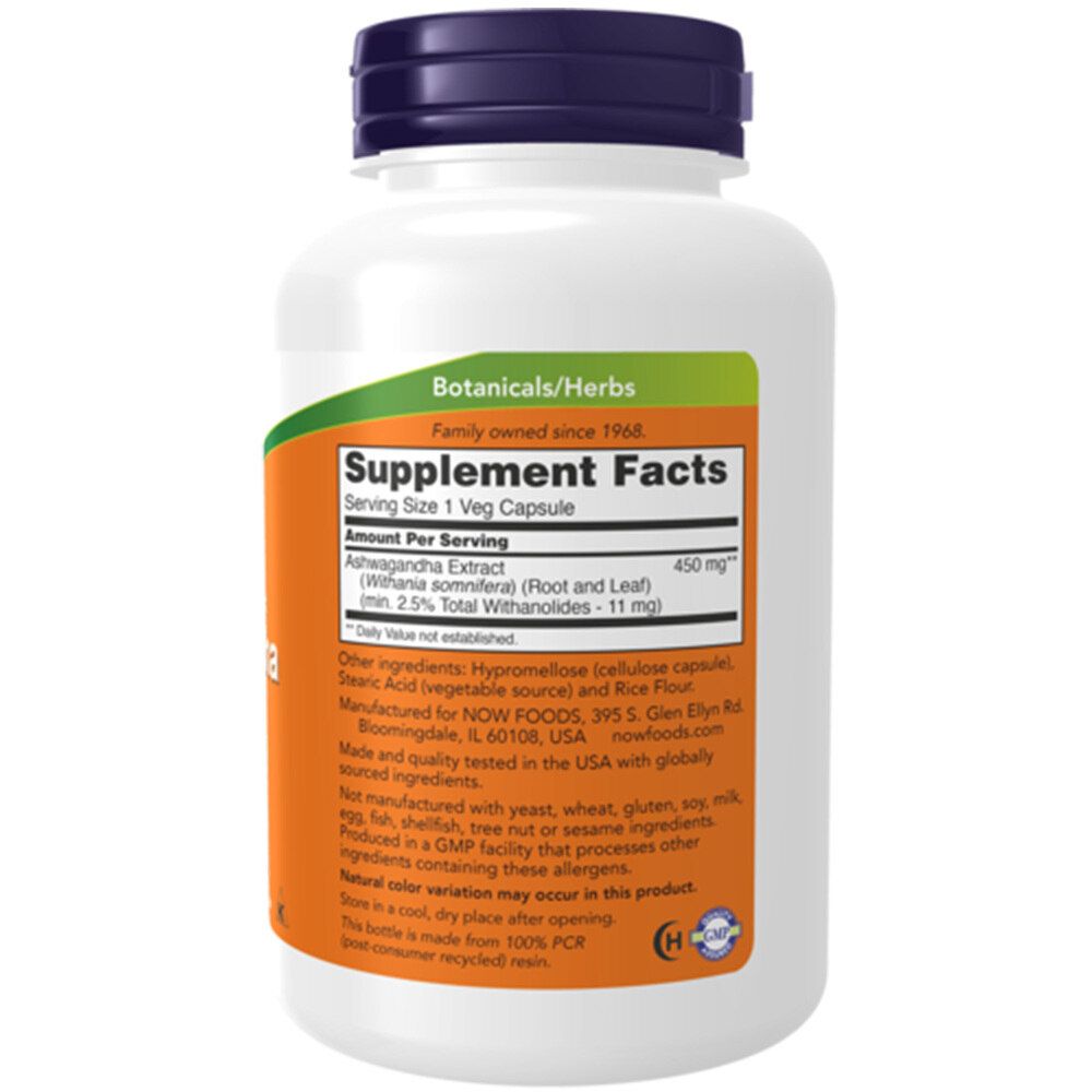 Retro del flacone bianco. Scritta: Supplement Facts, Ashwagandha 450 mg. Etichetta arancione con informazioni. Adesivo verde.