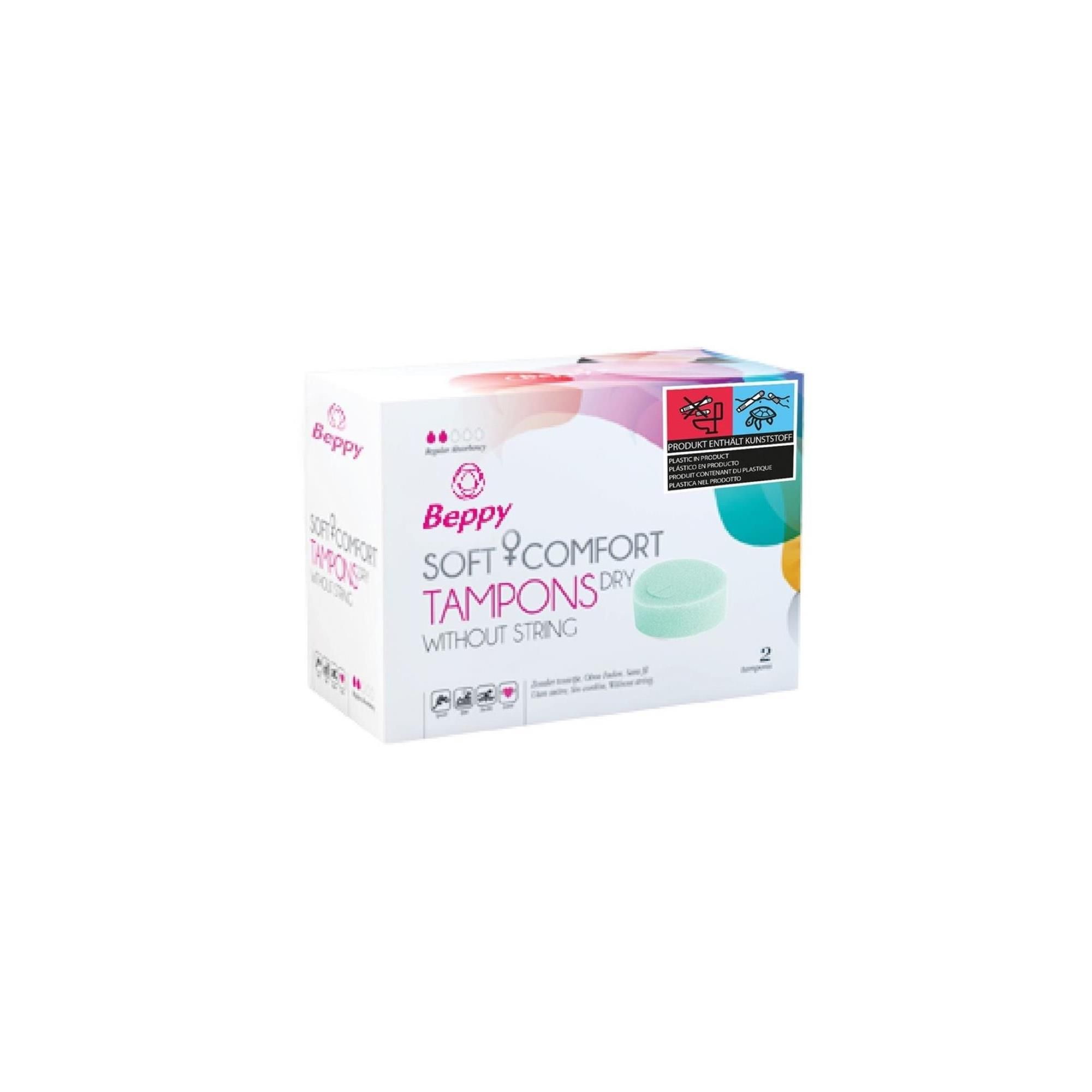 Confezione di tamponi Beppy Soft & Comfort Dry. Senza filo. 2 pezzi. Scatola bianca con immagine del prodotto.
