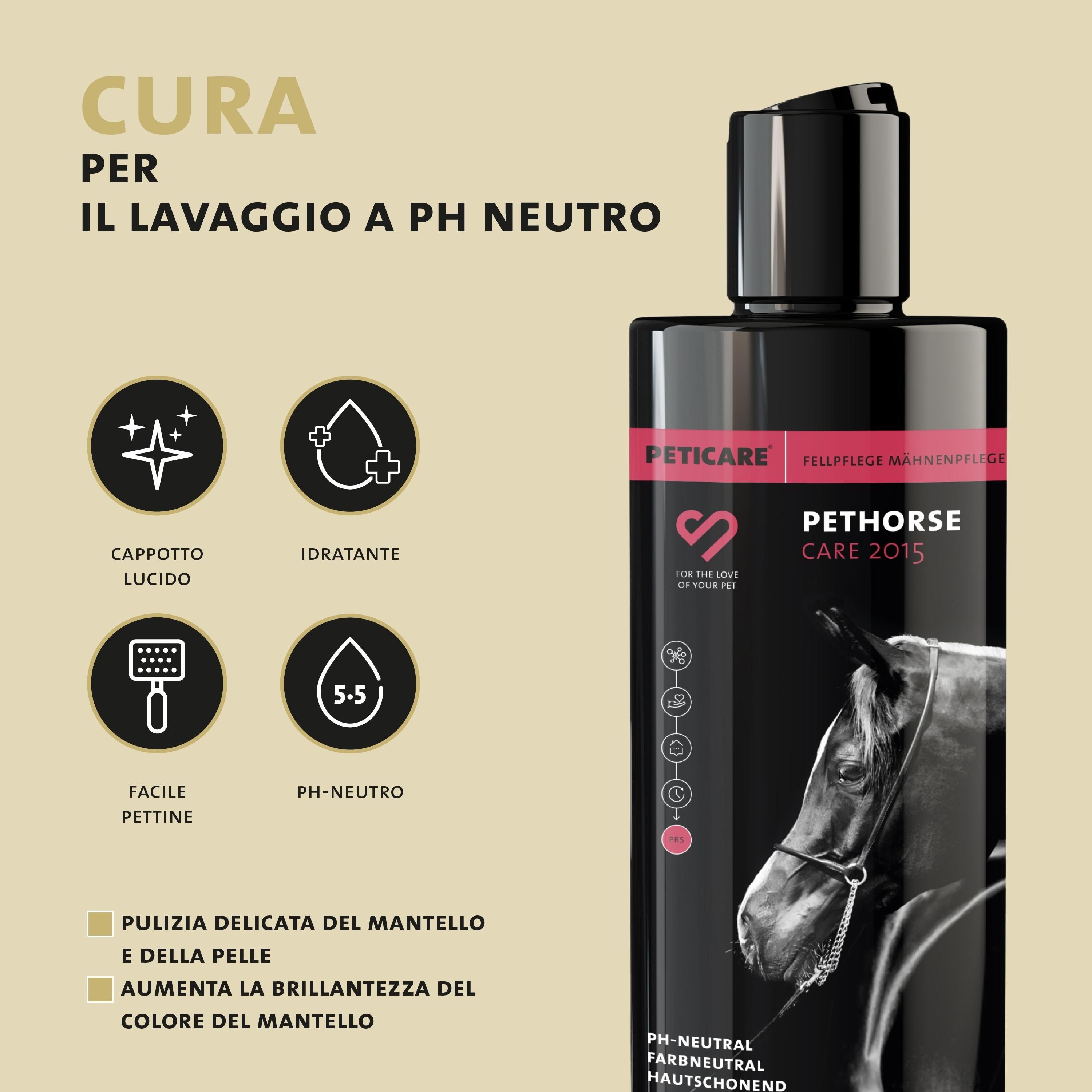 Flacone di shampoo. Testo: Cura per lavaggio a pH neutro. Icone: Lucentezza del mantello, idratante, facile pettinatura, pH neutro.
