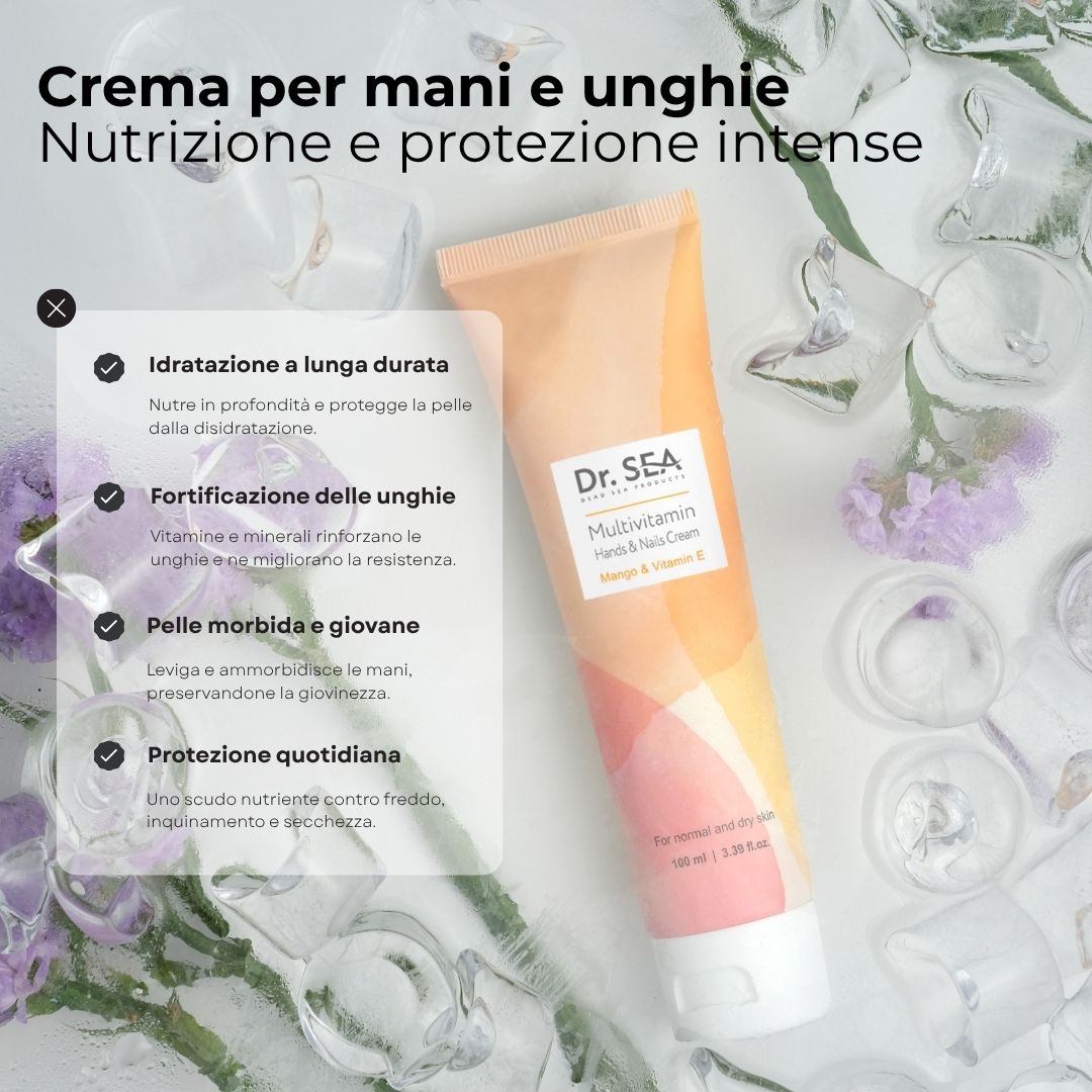 Tubo di crema. Scritta: Dr. SEA, Multivitamin, Hands & Nails Cream, Mango & Vitamin E. Testo sui benefici della crema.
