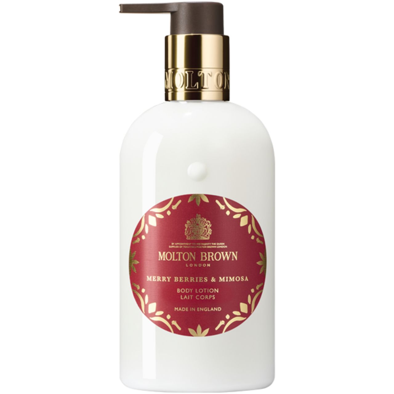 Flacone bianco con etichetta rotonda rossa. Scritta: Molton Brown, Merry Berries & Mimosa Body Lotion. Con erogatore dorato.