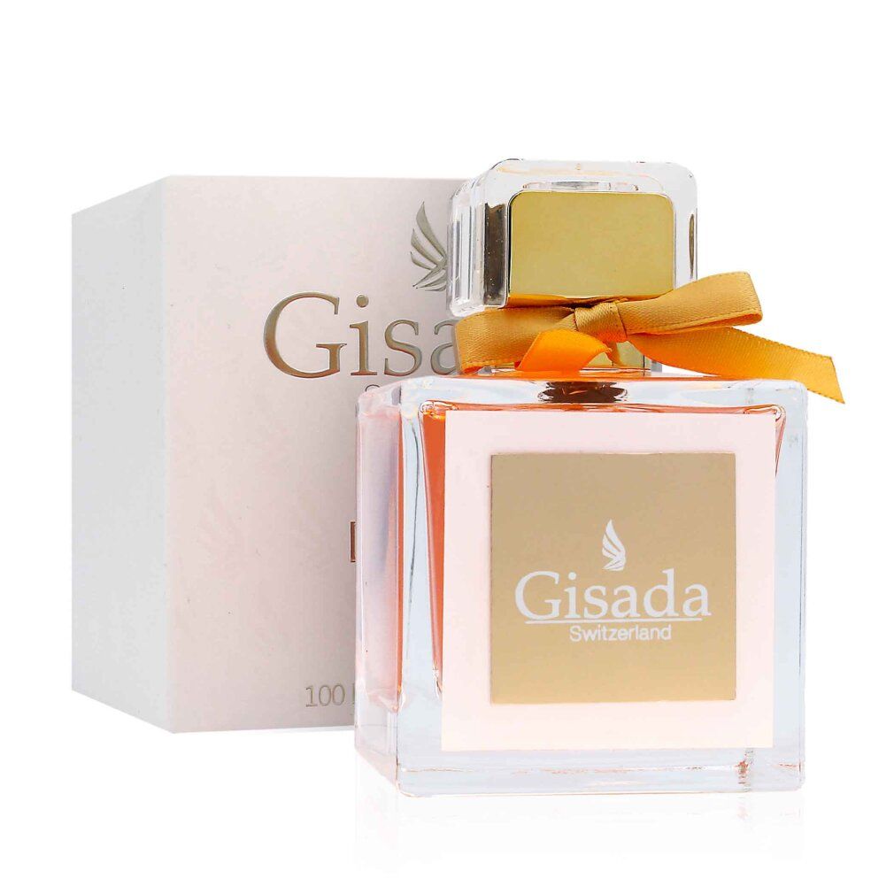 Flacone di profumo con scatola. Scritta: Gisada Donna. Flacone con tappo dorato ed etichetta beige. 100 ml.