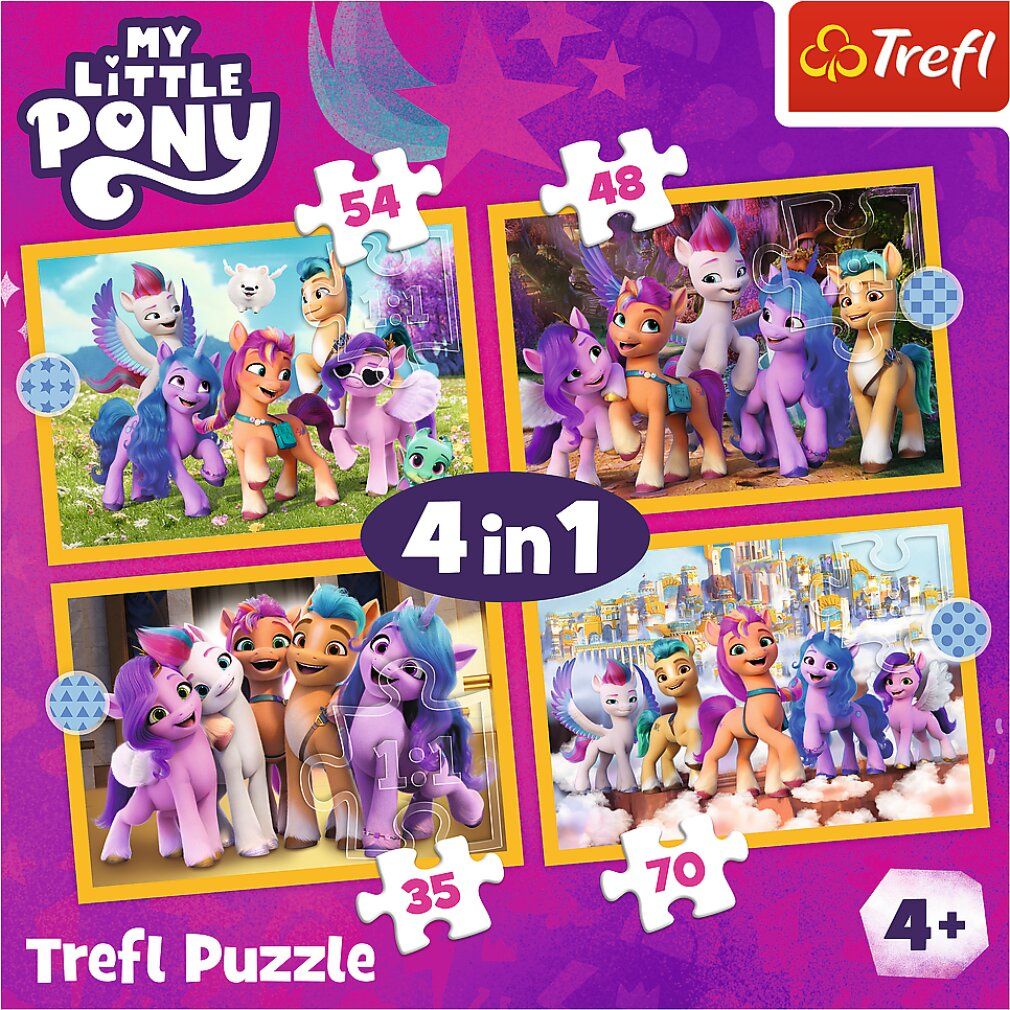 Puzzle Trefl My Little Pony 4 in 1. Quattro puzzle da 35, 48, 54 e 70 pezzi. Confezione con pony.