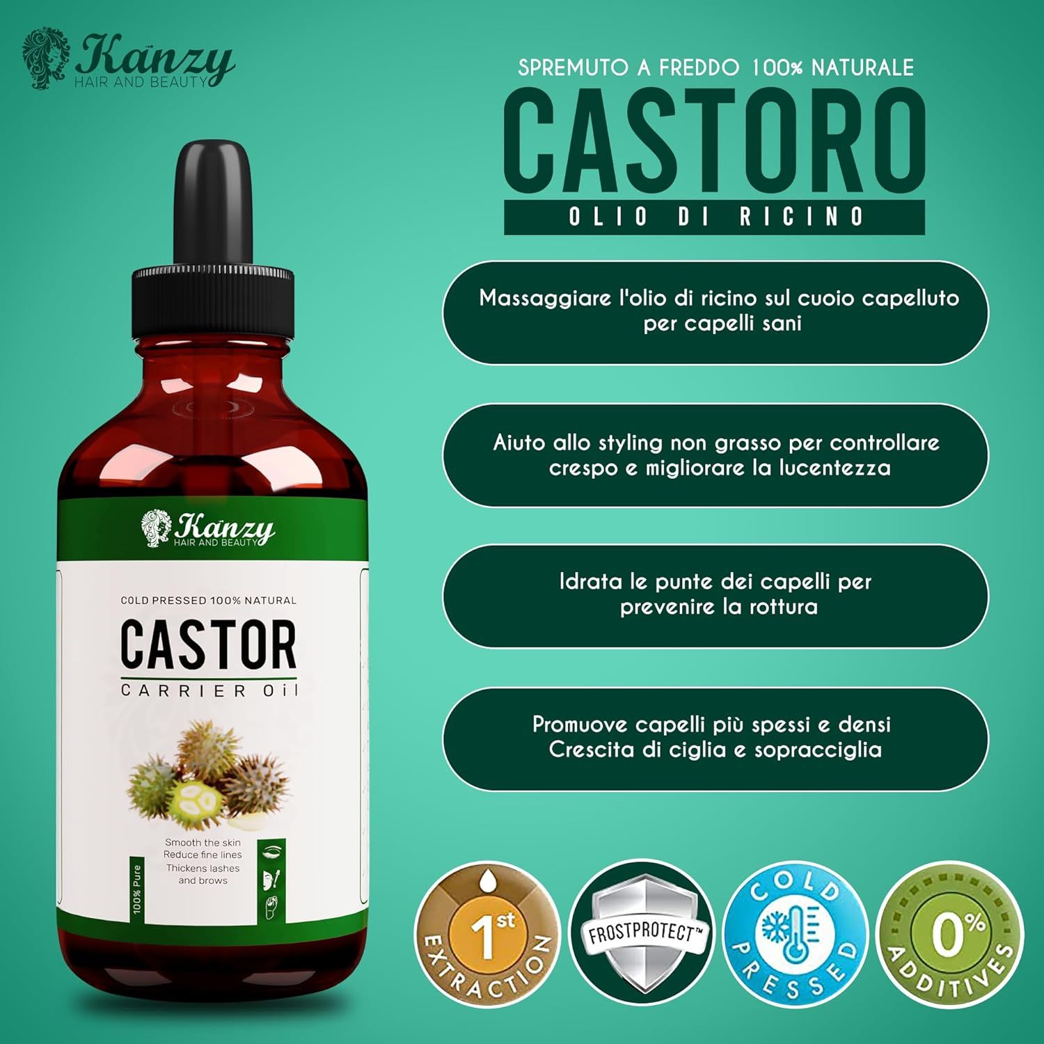Flacone marrone con contagocce. Etichetta con informazioni sul prodotto. Logo Kanzy. Scritta: Castor Carrier Oil. Sigilli: 1st Extraction, Cold Pressed, 0% Additives.