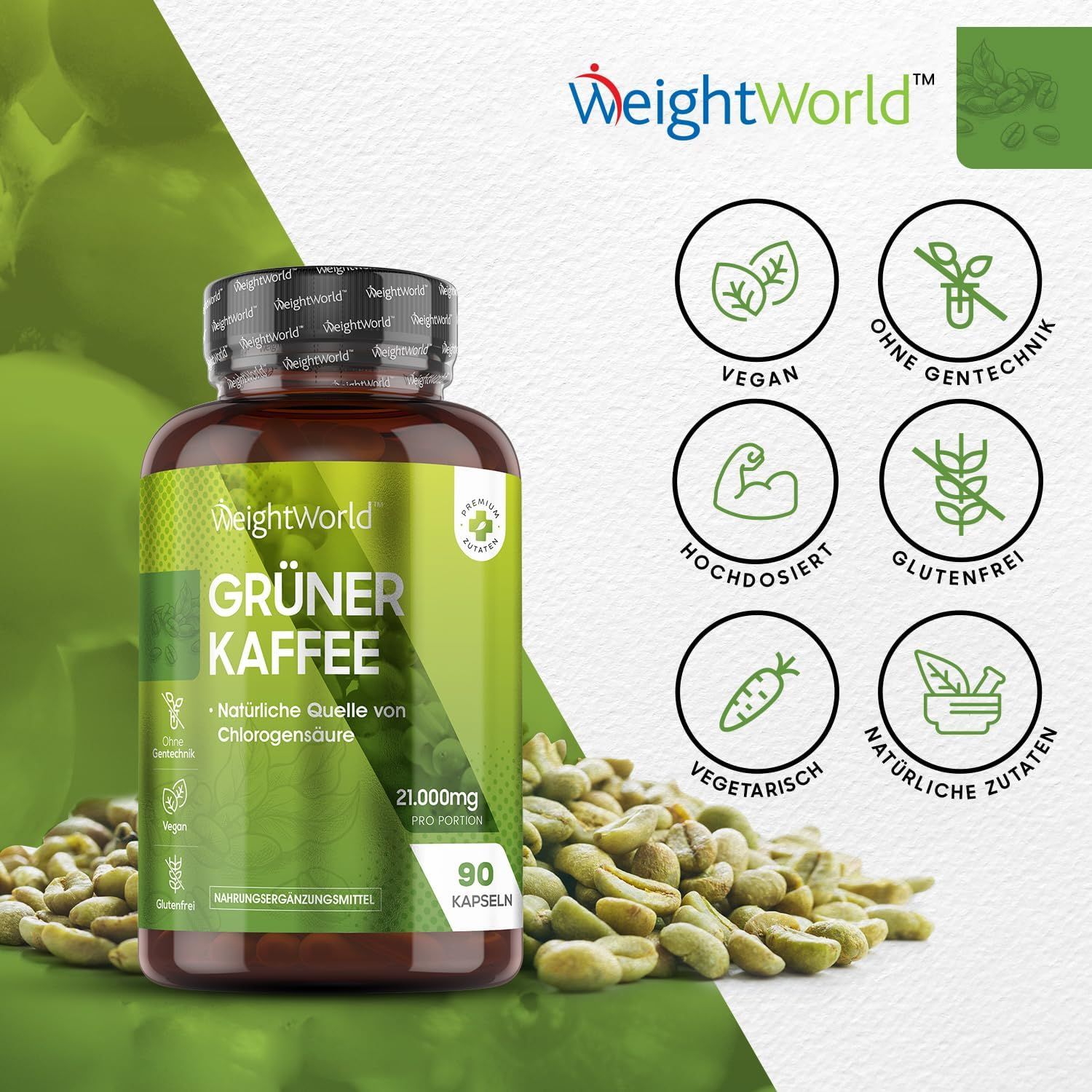 Flacone WeightWorld Caffè Verde, 21.000mg. Simboli: Vegano, senza OGM, senza glutine, vegetariano, ingredienti naturali.