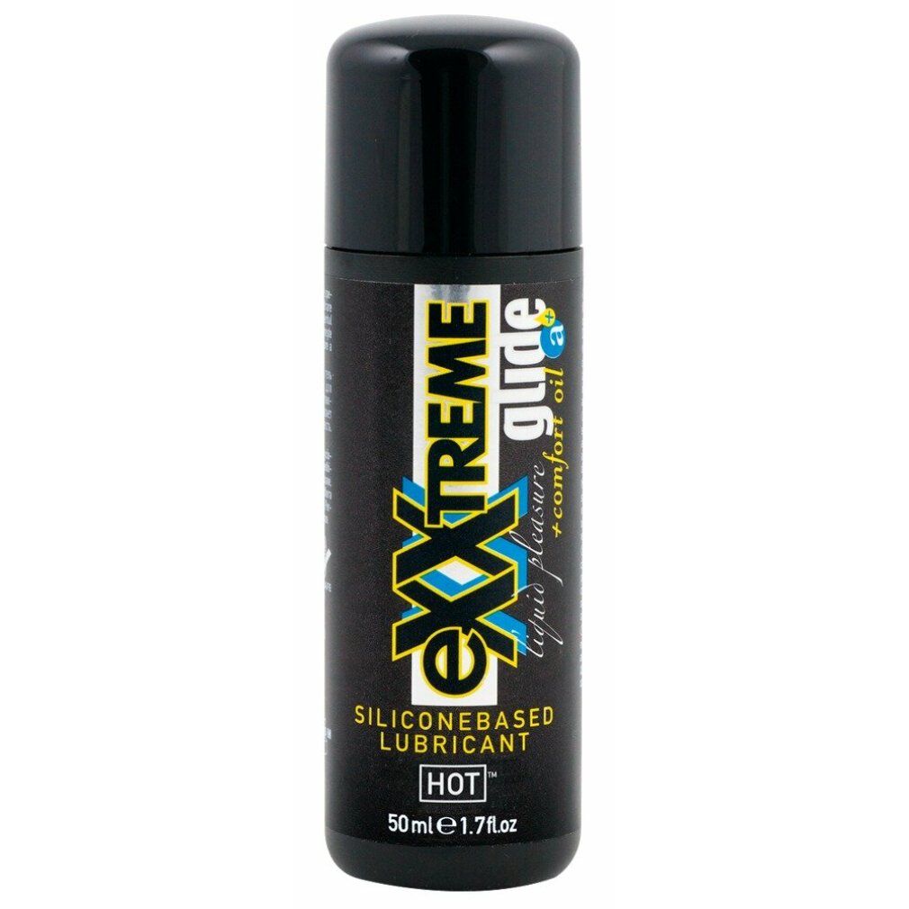 Flacone nero con tappo nero. Scritta: eXXtreme glide, SILICONEBASED LUBRICANT, HOT. 50 ml.