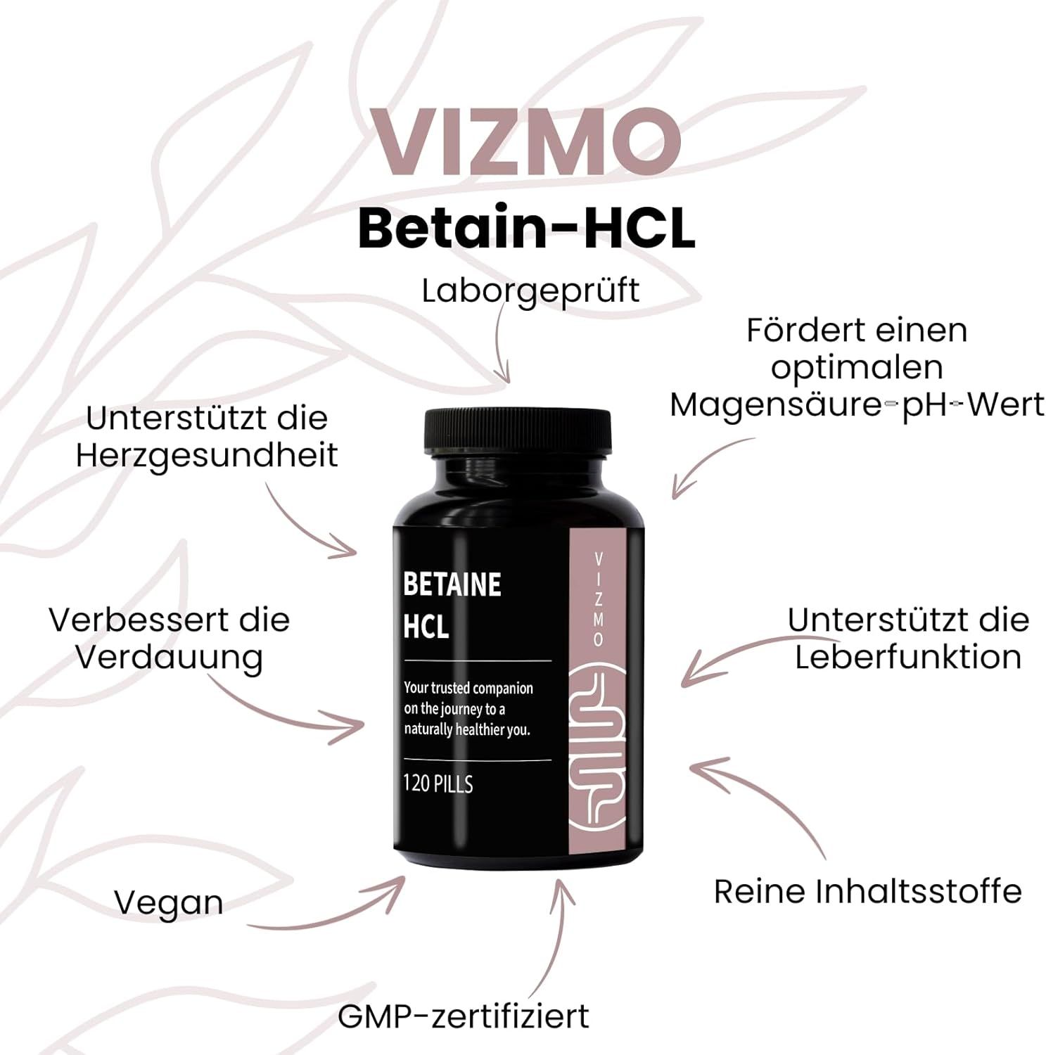 Flacone nero di capsule di Betaina-HCL. Frecce indicano i benefici: digestione, funzione epatica, pH, salute cardiaca.