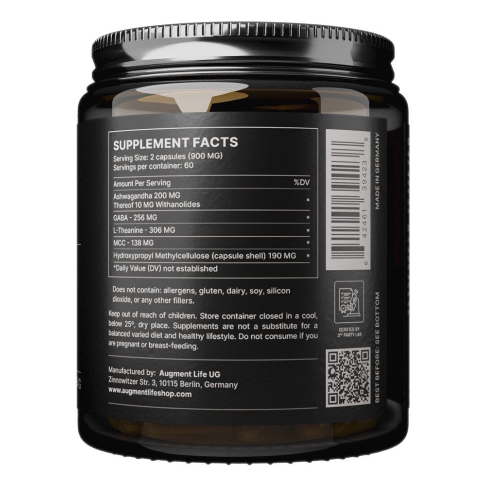 Etichetta Supplement Facts su barattolo marrone: Contiene Ashwagandha, Teanina, GABA. Prodotto in Germania.