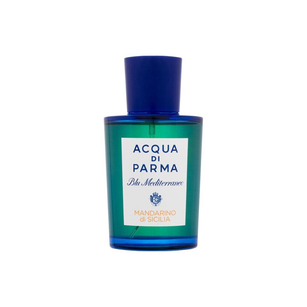 Flacone blu-verde. Scritta: Acqua Di Parma Blu Mediterraneo Mandarino di Sicilia.