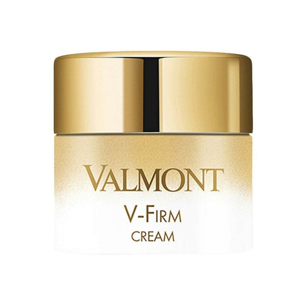 Vaso di crema con coperchio dorato. Scritta: VALMONT, V-Firm, CREAM. Sfumatura da bianco a oro.