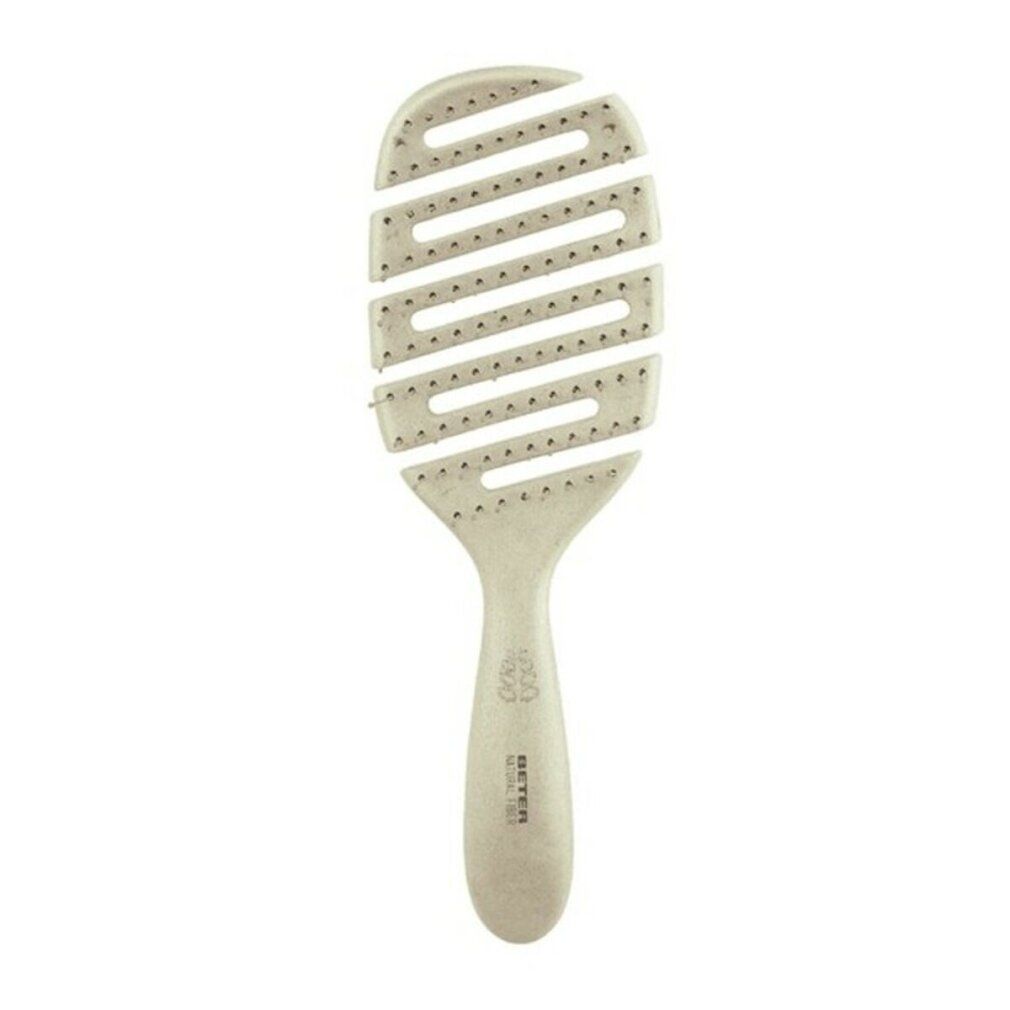 Spazzola per capelli beige con manico e setole flessibili. Il cuscinetto ha fessure e fori. Il manico riporta il marchio.