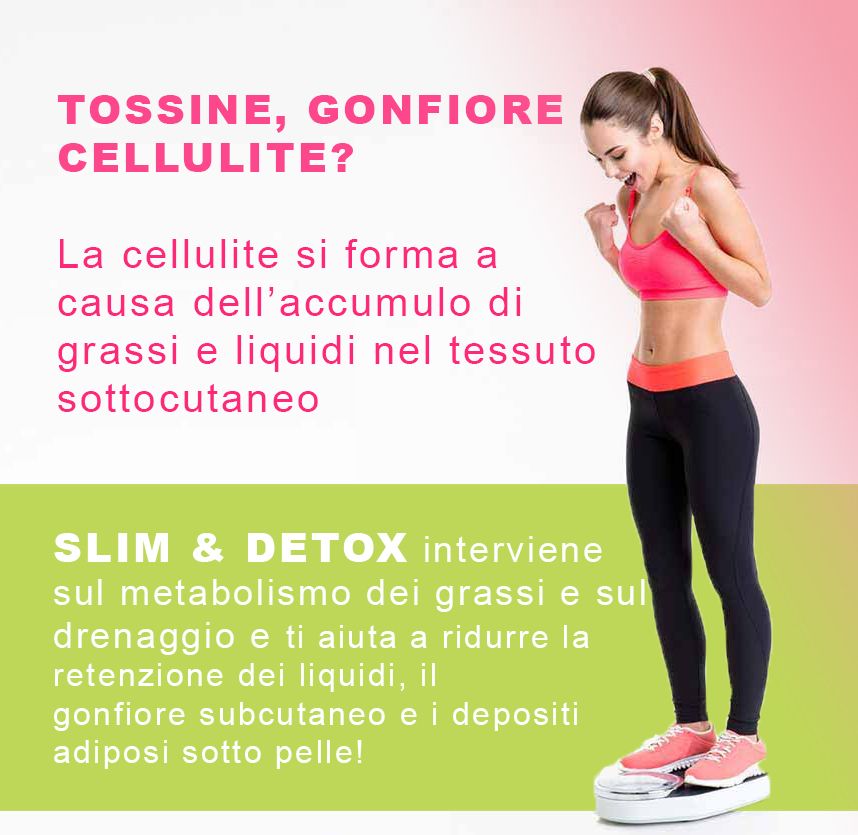 Donna su una bilancia. Testo: Slim & Detox. Domanda: Cellulite? Testo sull'accumulo di grassi e ritenzione idrica.