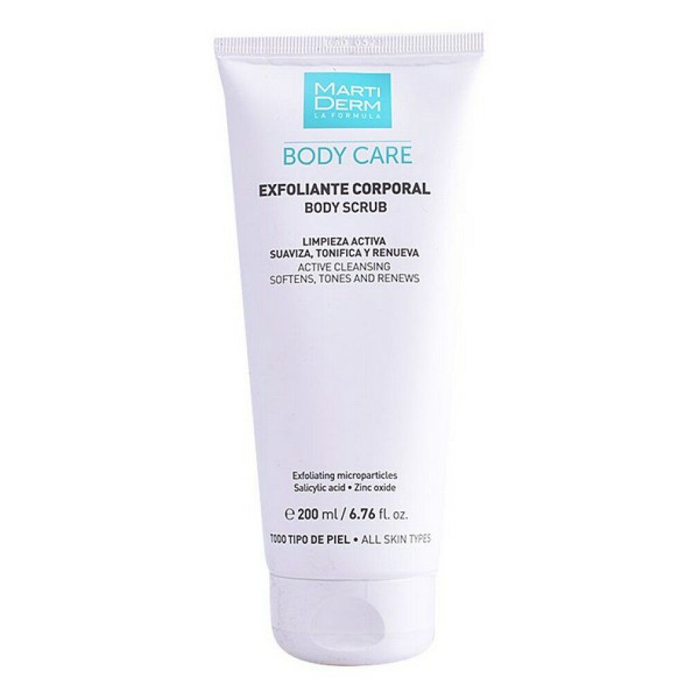 Tubo bianco con BODY CARE, EXFOLIANTE CORPORAL BODY SCRUB. Contiene 200 ml. Per tutti i tipi di pelle.
