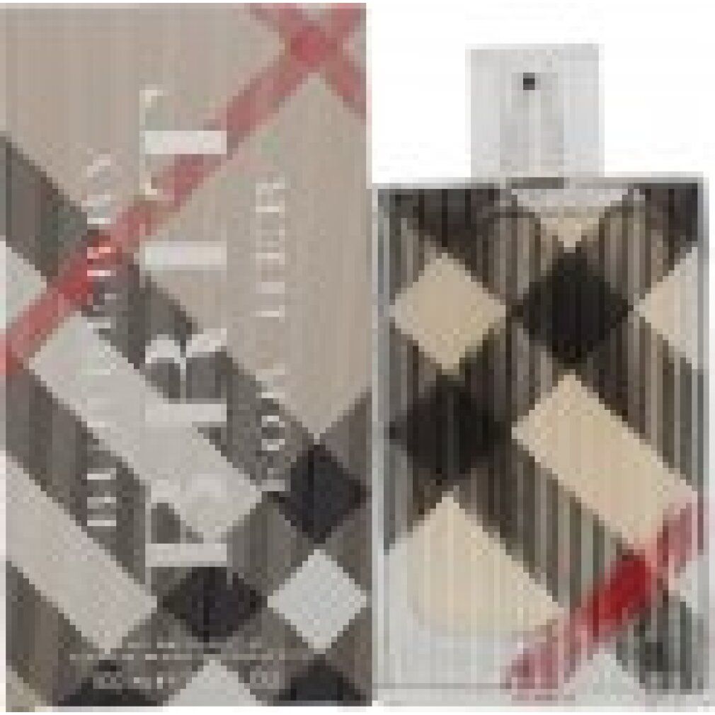 Flacone e confezione di profumo. Rettangolare, motivo a quadri. Scritta Burberry Brit for Her. 100 ml.