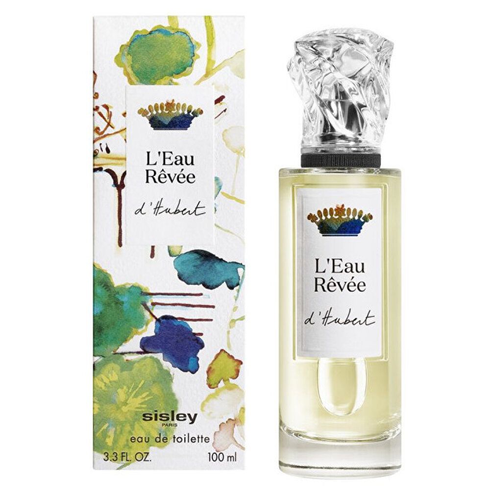 Flacone in vetro e confezione in cartone. Scritta: L'Eau Rêvée d'Hubert, Sisley eau de toilette, 100 ml. Tappo: a forma di cristallo.