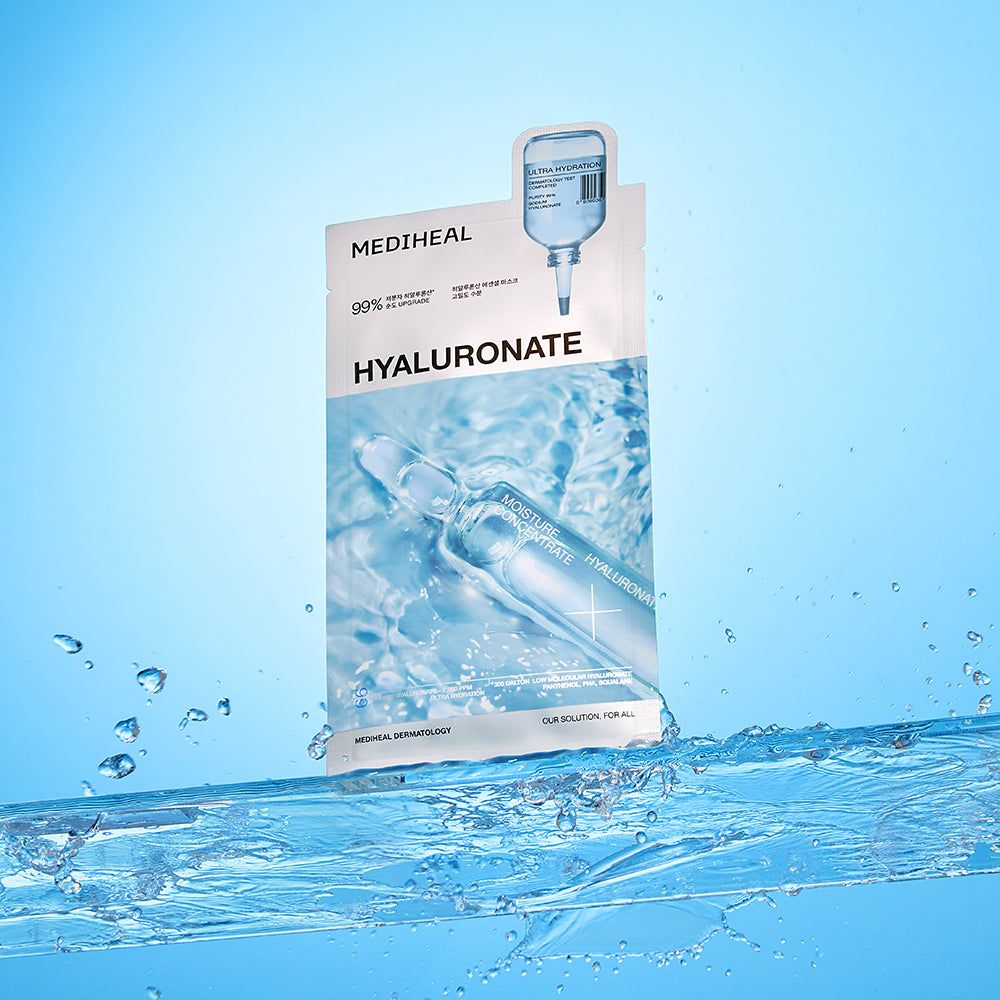 Confezione MEDIHEAL Hyaluronate. Testo principale: Hyaluronate. Illustrazione di una fiala e gocce d'acqua. 99% per un'idratazione migliorata.