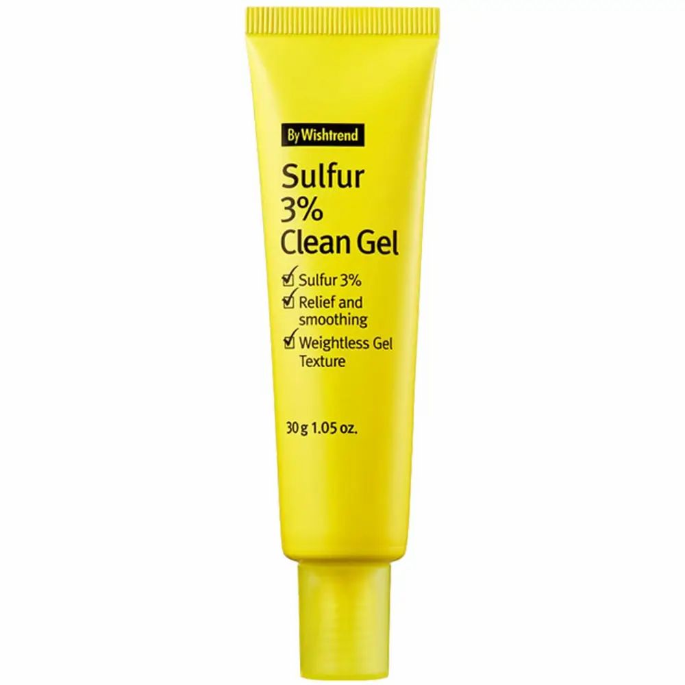 Tubo di gel giallo con scritta Sulfur 3% Clean Gel. Contiene informazioni sugli ingredienti e sulla consistenza.