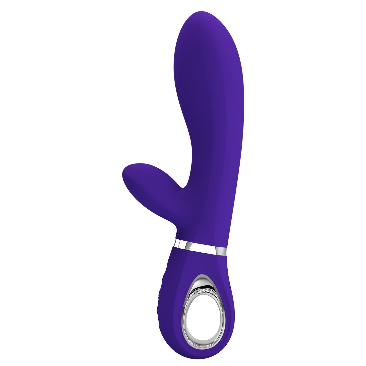 Vibratore viola a forma di coniglio. Dettagli argento. Forma curva.