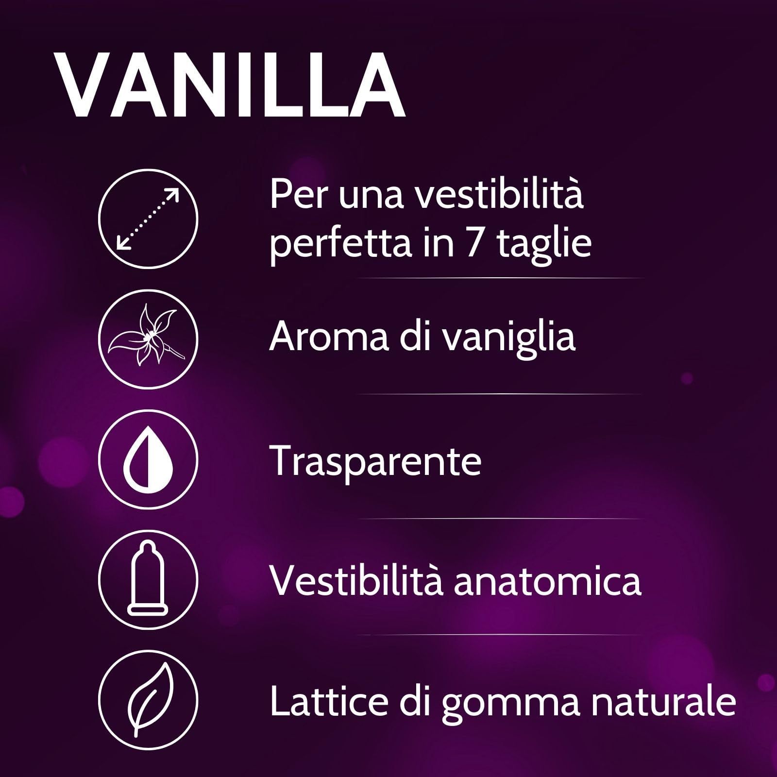 Preservativi trasparenti al profumo di vaniglia, vestibilità anatomica, in lattice di gomma naturale.