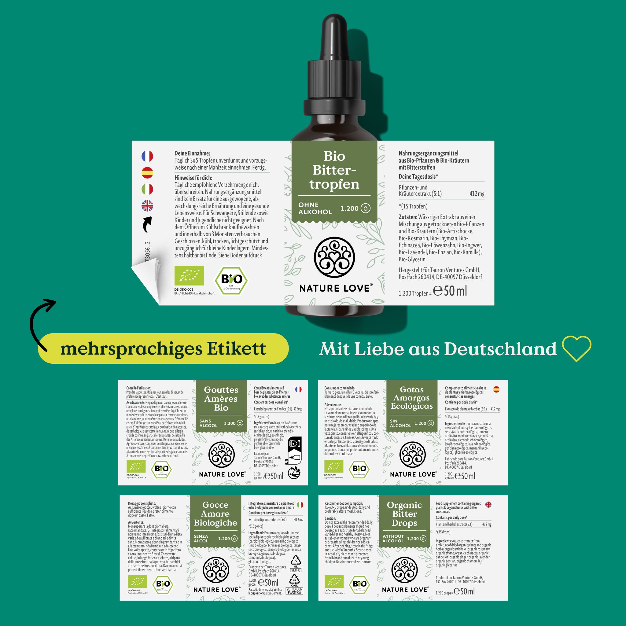 Flacone del prodotto con etichetta staccata, che mostra informazioni multilingue. Etichette in tedesco, italiano, olandese, francese.