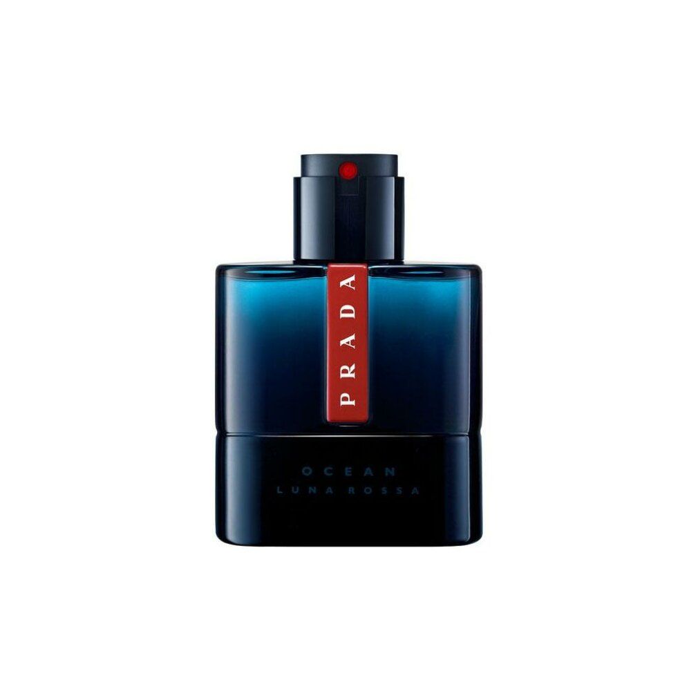 Flacone blu Prada Luna Rossa Ocean con striscia rossa e tappo nero.