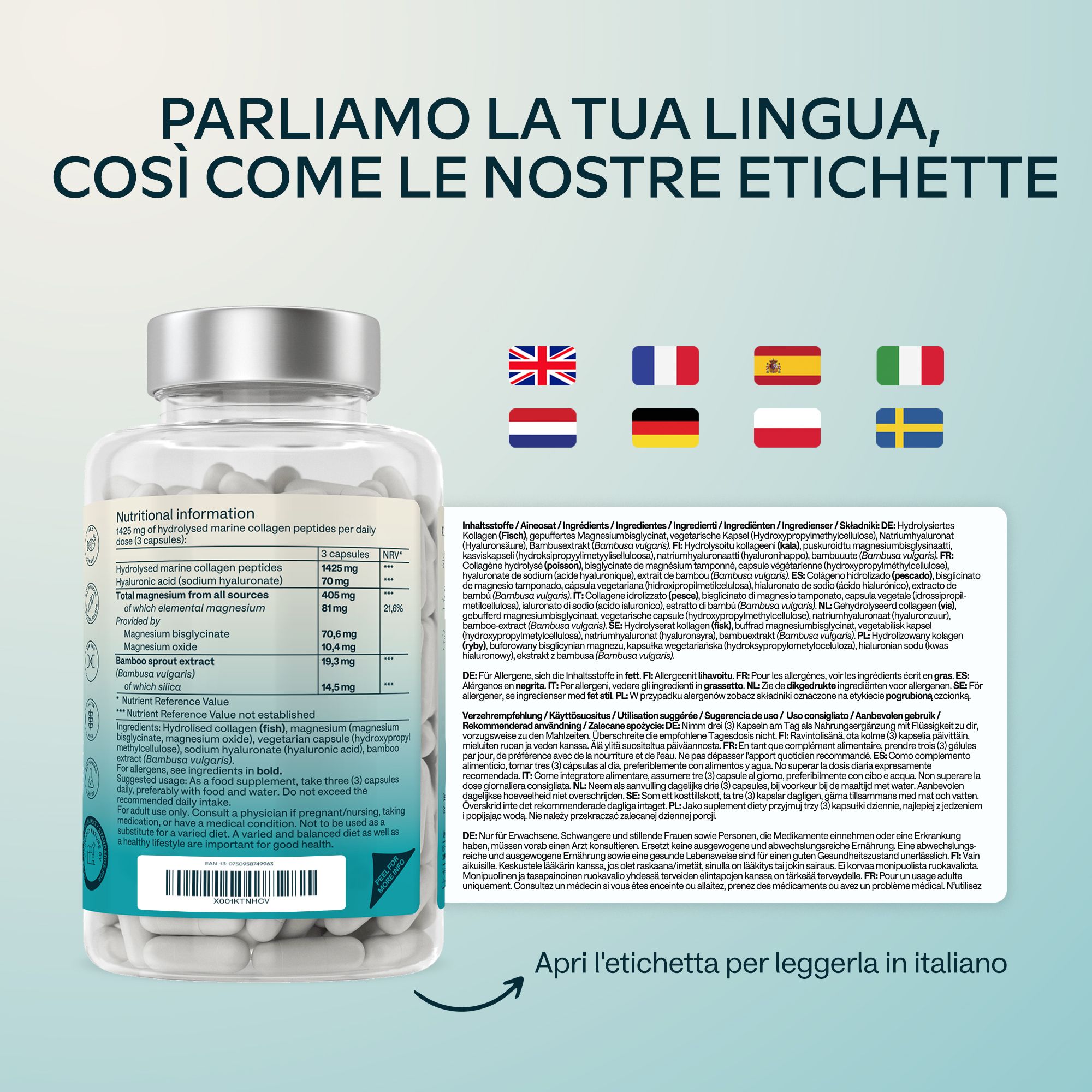 Retro di un flacone di Aavalabs Meereskollagen con etichetta. Contiene informazioni nutrizionali e ingredienti.