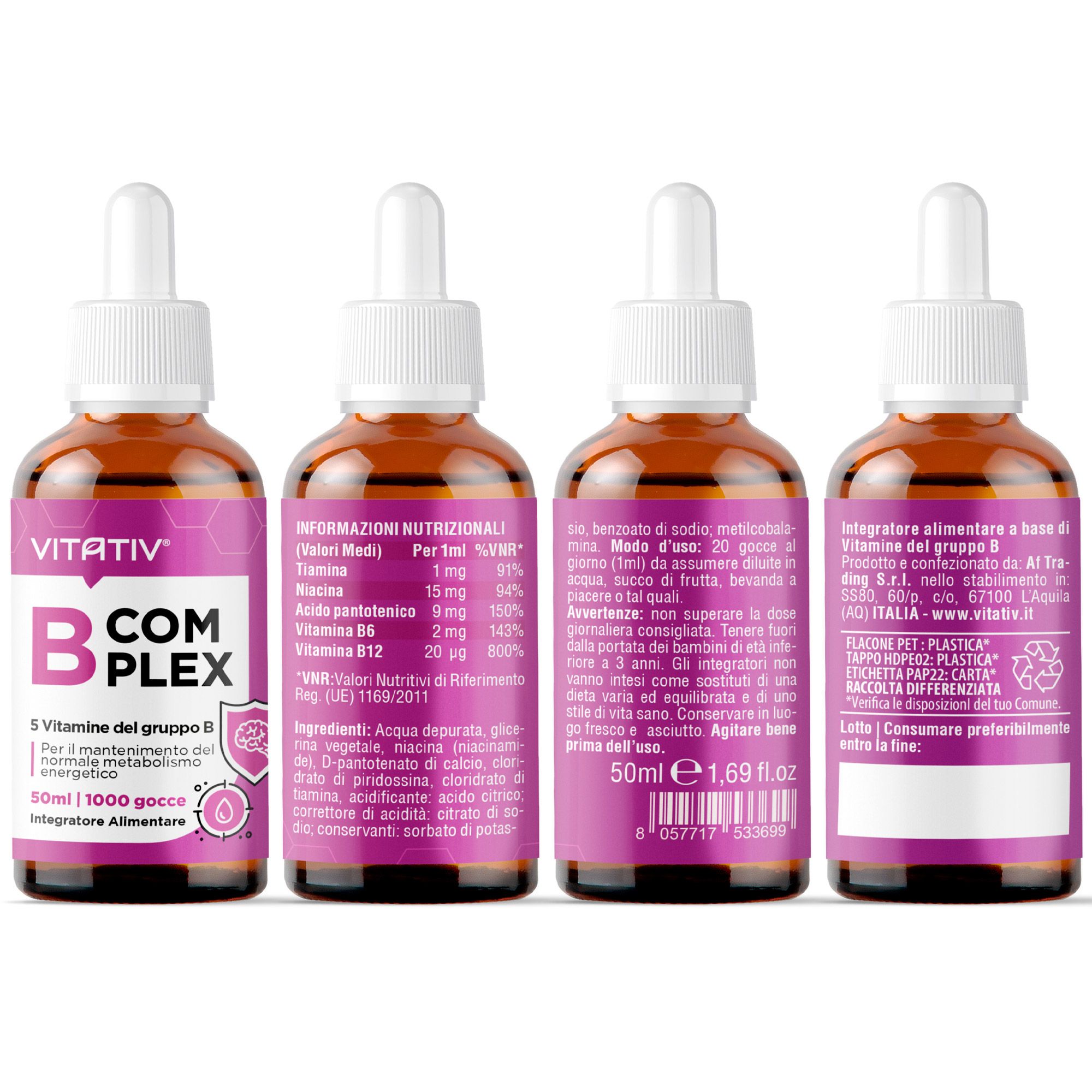 VITATIV® B Complex Vitamine Gruppo B - Integratore in Gocce con Vitamina B1, B3, B5, B6 e B12