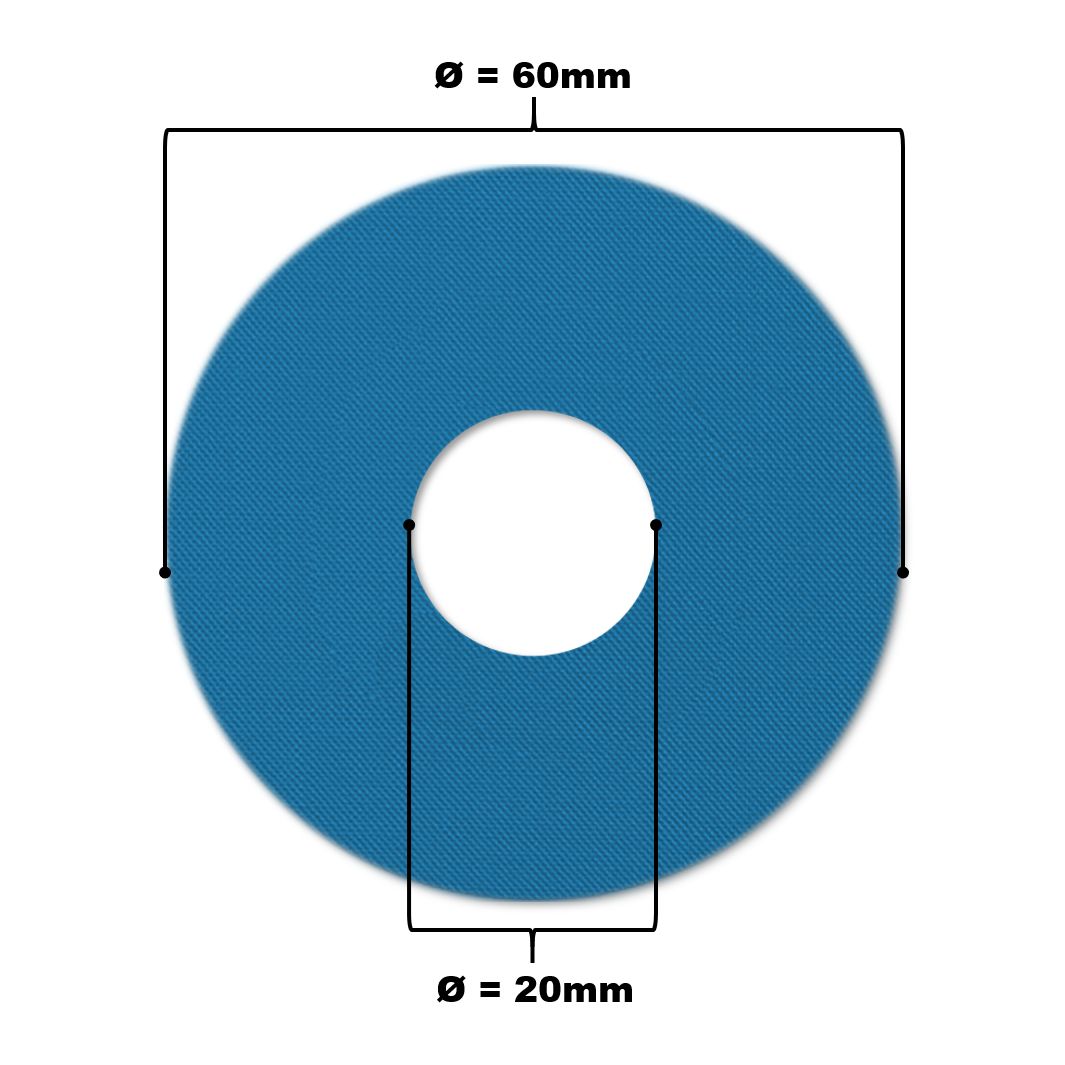 Cerotto blu per catetere con foro centrale. Diametro 60mm, foro 20mm. Linee nere indicano le dimensioni.