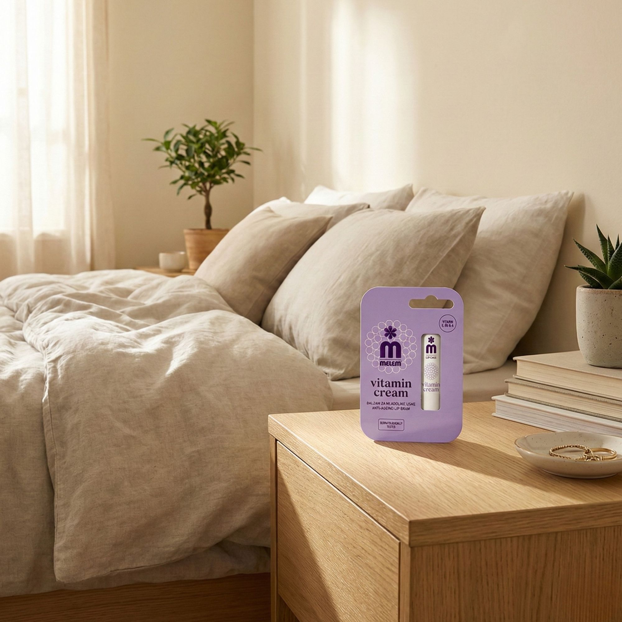 Confezione di balsamo per labbra su comodino. Confezione lilla con balsamo per labbra. Scritta: MELEM, Vitamin Cream. Sfondo: letto e pianta.