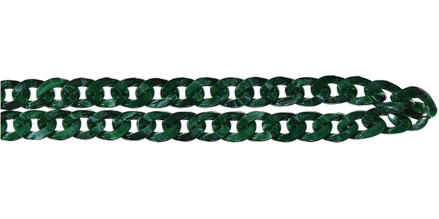 Catena per occhiali verde, dritta. Maglie in plastica, senza attacchi per occhiali visibili.