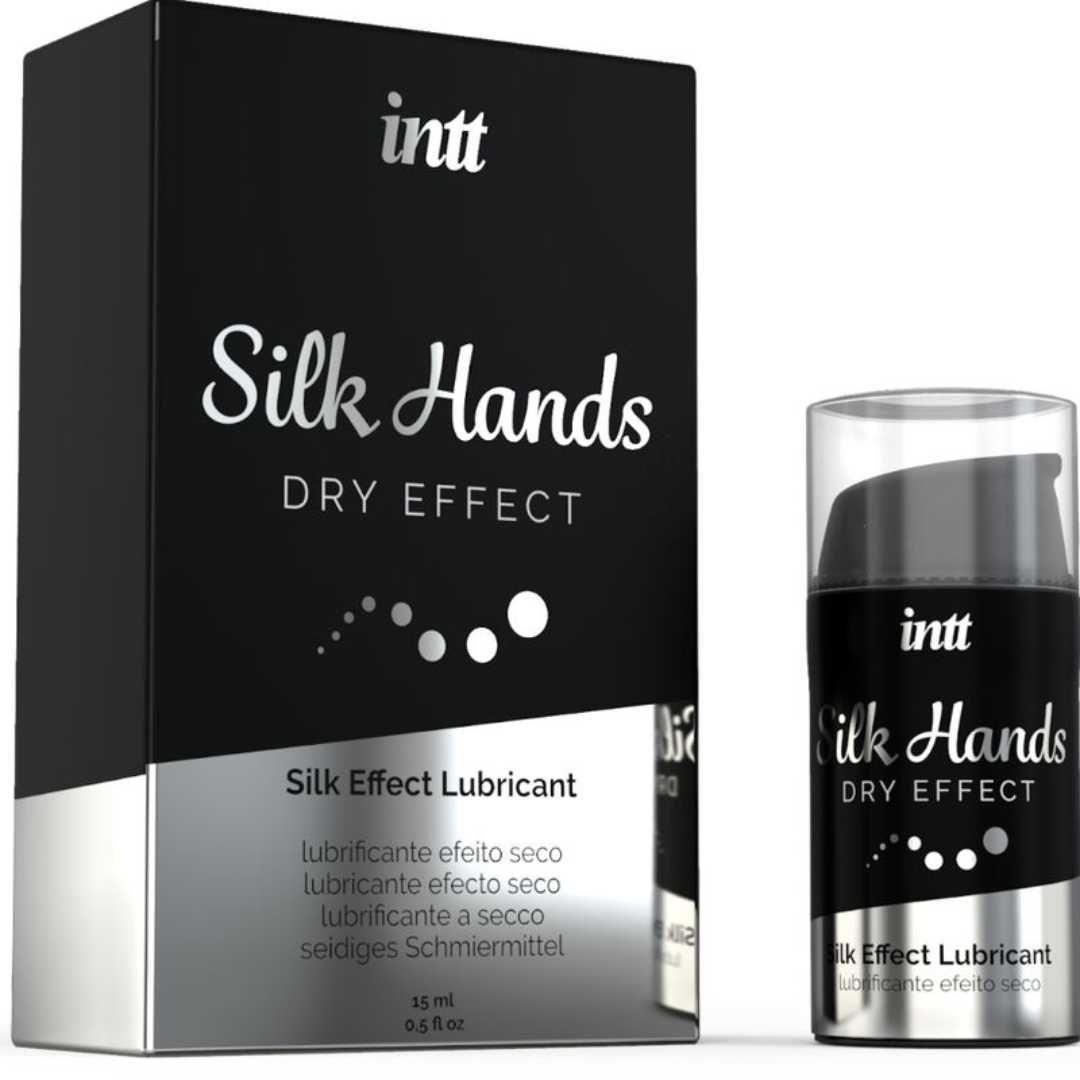 Confezione e flacone. Confezione: nera, argento. Scritte: intt, Silk Hands, DRY EFFECT, Silk Effect Lubricant.