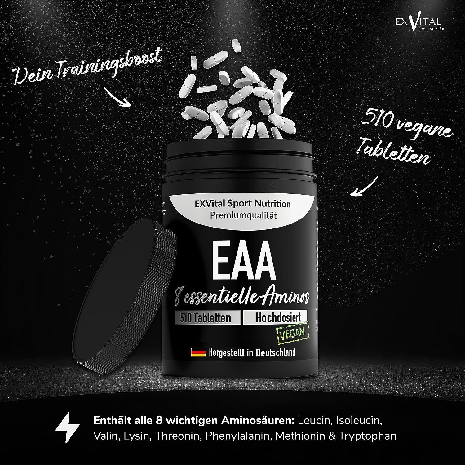 Contenitore nero EXVital EAA 8 aminoacidi essenziali, 510 compresse vegane. Prodotto in Germania.