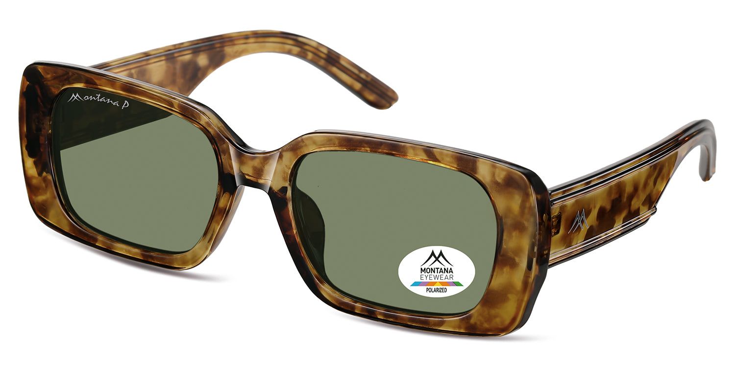 Occhiali da sole marroni e verdi. Logo Montana Eyewear ed etichetta Polarized. Vista prospettica.