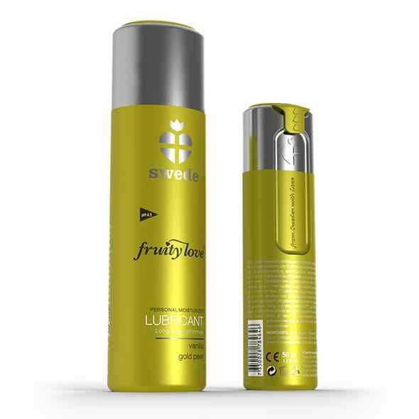 Due flaconi. Flacone giallo con tappo argentato. Scritta: fruity love, Lubricant. Flacone più piccolo con scritta.