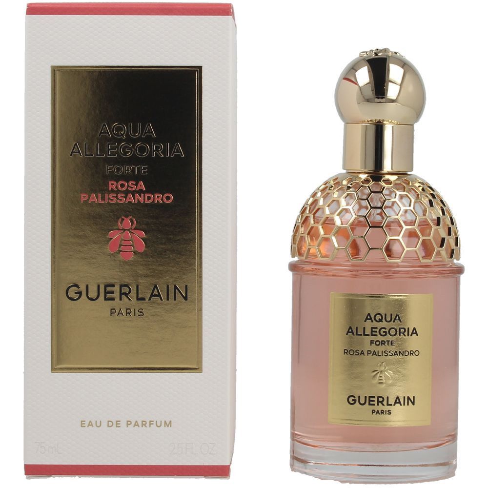 Flacone di profumo e confezione. Flacone con tappo dorato e motivo a nido d'ape. Etichetta: Aqua Allegoria Forte Rosa Palissandro, Guerlain.