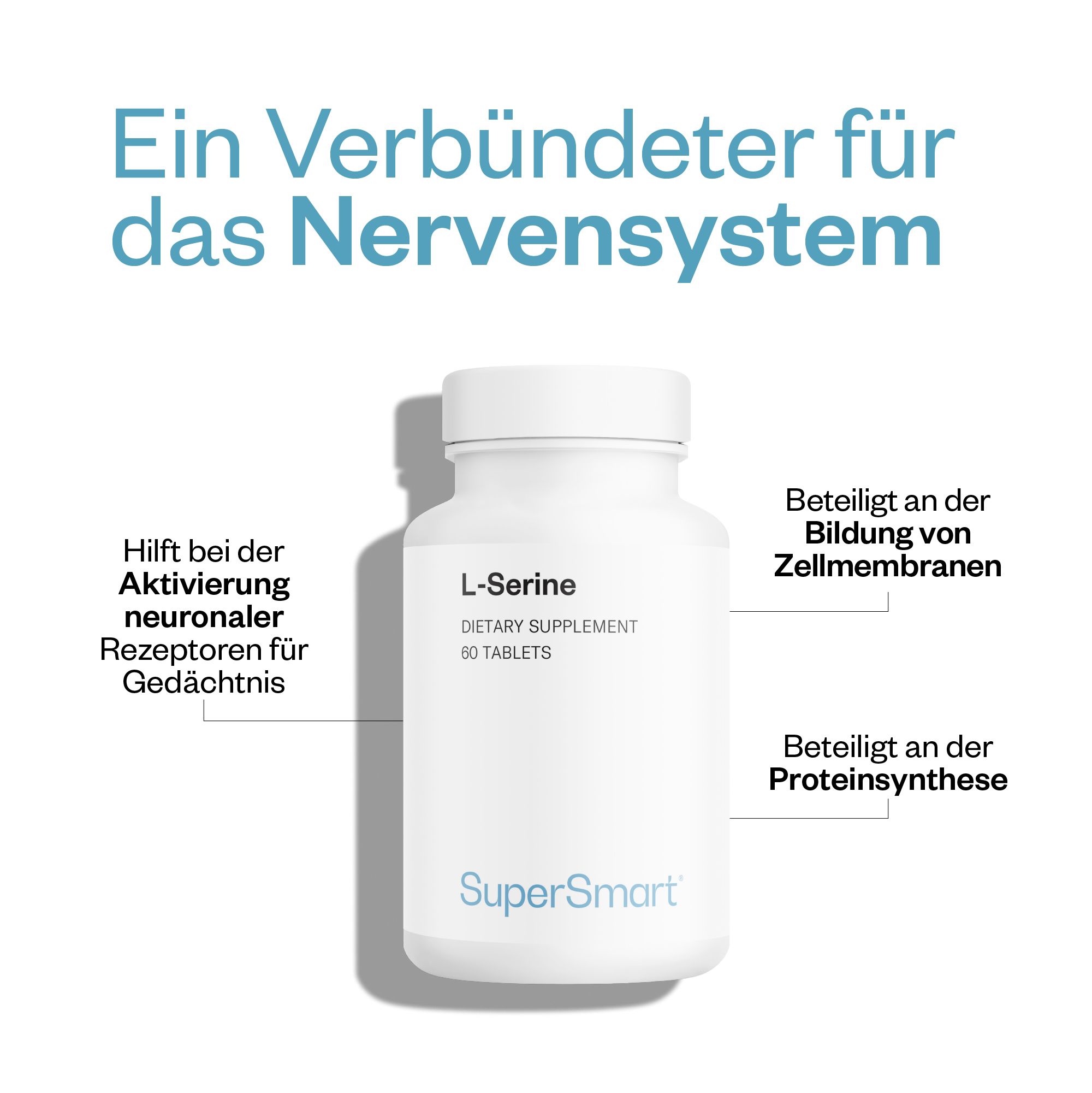 Flacone bianco di L-Serina, 60 compresse. Testo: L-Serine, SuperSmart. Didascalie: sistema nervoso, membrane cellulari, sintesi proteica.