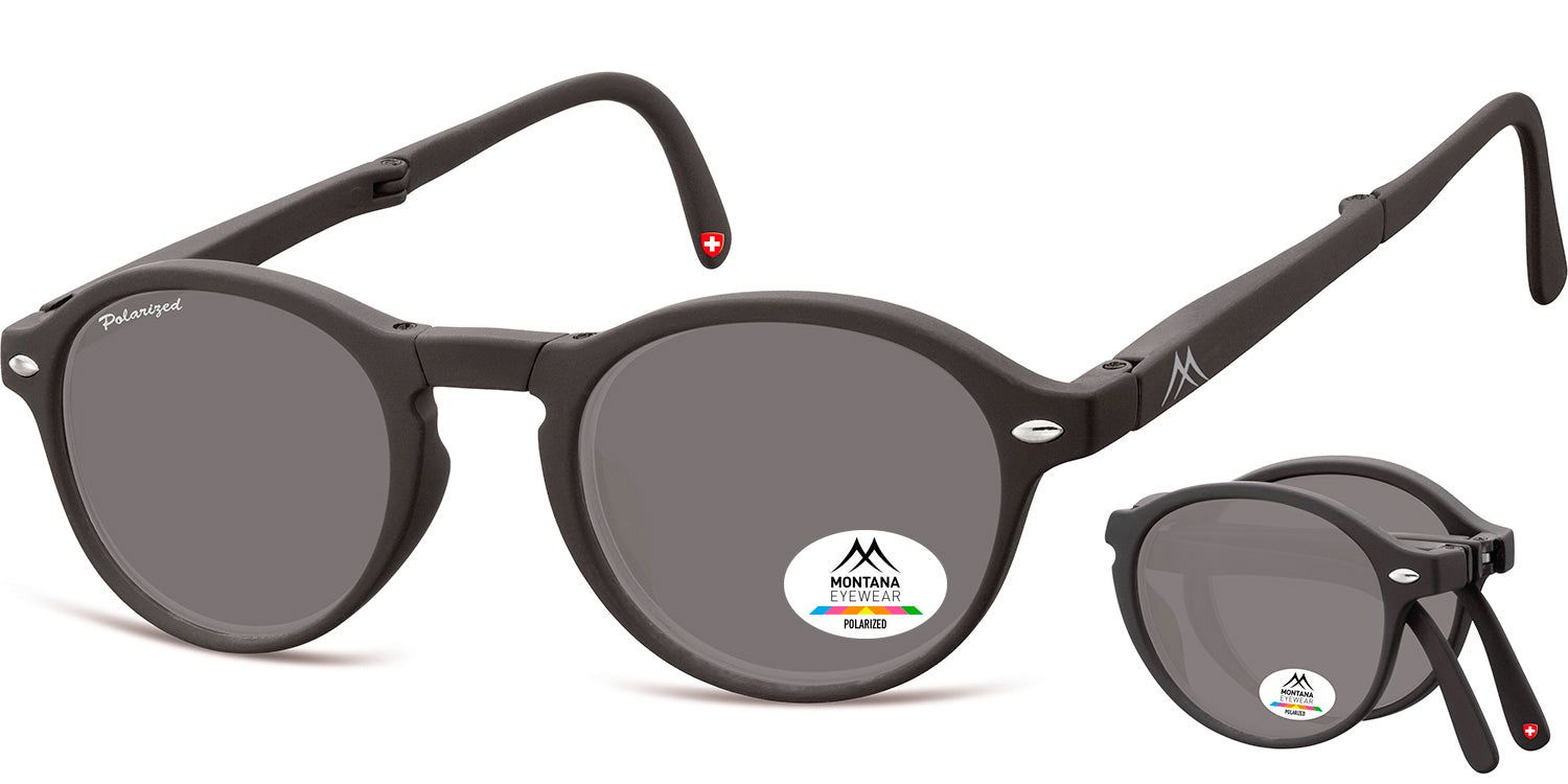 Occhiali da sole pieghevoli Montana Eyewear. Lenti rotonde grigie, montatura nera. Logo e adesivo Polarized. Croce svizzera sull'asta.